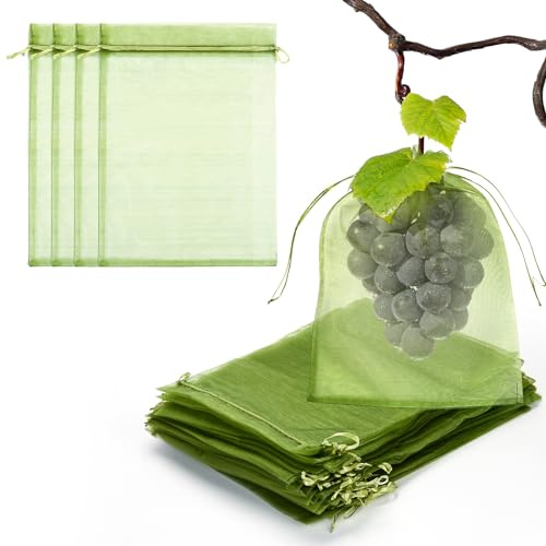 50 PCS 8X12 inches Fruit Protection Bags, Fruit Bags for Fruit Trees | Green Netting Fruit Cover Bags Drawstring Mesh Fruit Protectors