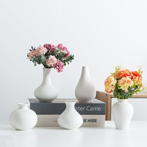 Kendiis Kleine Keramikvase 5er Set, Moderne Weiße Vase, Knospenvase, Boho Dekorative Vase für Kamin, Eingang und Wohnzimmer, Mittelstück Tischdekorationen