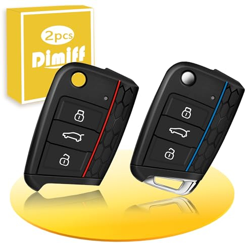Dimiff Étui Clé de Voiture Compatible pour VW Golf 7 2 pièces, Coque Clé Compatible pour VW, Silicone Coque de Protection Clef Voiture, 3 Boutons Accessoire de Voiture, Rouge + Bleu