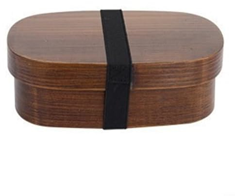 RANRAO Lonchera de madera , contenedor de comida portátil, japonés, vintage, tradicional, de madera natural, vajilla de 3 compartimentos con correas (esquinas redondas, marrón)