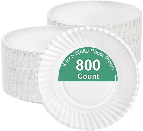 Hacaroa 800 Pack 6 Inch Paper Plates Uncoated, Disposable Dessert Plates Bulk Cat Food Plates, Small White Cake Plates for Appetizer, Cupcake, Craft Project, Round