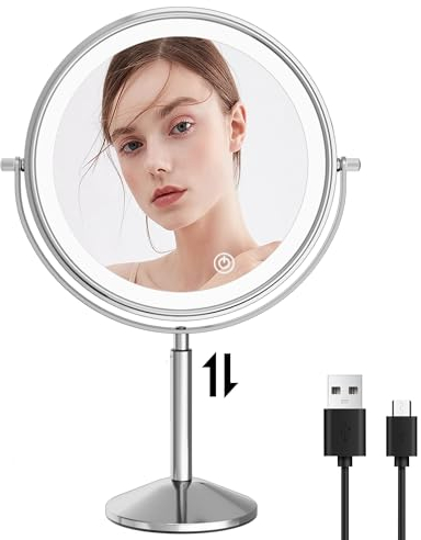 TUSHENGTU 9 Miroir de Maquillage grossissant x 10 avec lumière LED Rechargeable, Hauteur réglable de, Miroir de Rasage sur Pied, Miroir de courtoisie de Bureau chromé 360° (940C10X)
