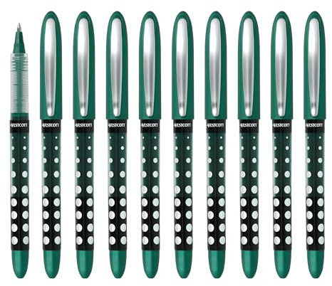 Westcott PULSAR Tintenroller Grün 10 Stück | Vorteilspack Rollerball Pen grüne Tinte | präzise 0,5 mm Strichstärke, transp. Füllstandsanzeige, Kapillartechnologie, ergonom. Griff | E-730648 00