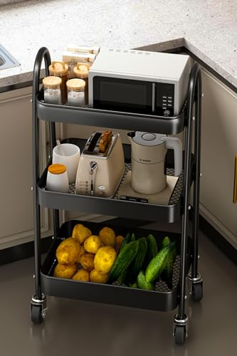 GOOPOOL Carrito Cocina Carrito Auxiliar con Ruedas Carro de Almacenamiento Rodante de 3 Niveles Organizador de Cocina extraíble, Adecuado para baño y Cocina Carro Rodante con Cierre, Negro