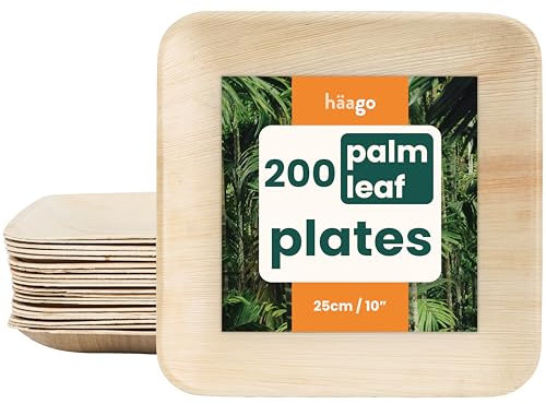 HAAGO 200 Square Eco-Friendly Palm Leaf Plates - Disposable & Compostable Like Wooden & Bamboo Dinner Plates for Hot & Cold Food, Microwave & Freezer Safe - 25cm/10 Biodegradable Plate