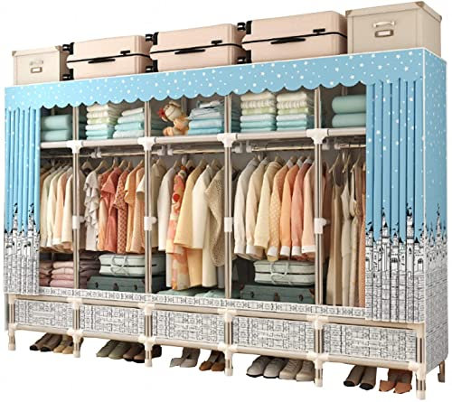 Kleiderschrank Tragbarer Stoff-Leinen-Kleiderschrank mit 5 Regalen und 5 Kleiderstangen, 5 Schubladen, großer, langlebiger Leinen-Kleiderschrank,A-250x45x172cm