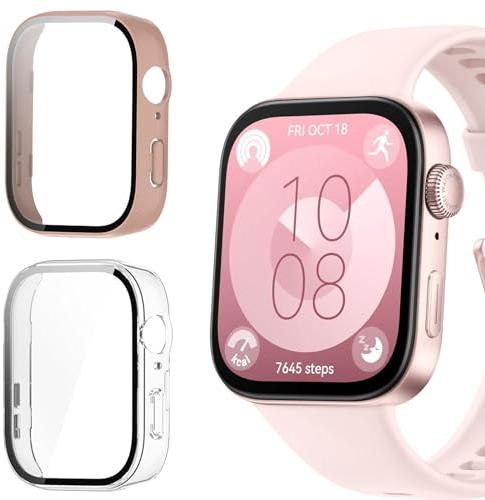 KUSINHOKA Cover per Huawei Watch Fit 3, [2 Pezzi] Custodia Protezione con Vetro Temperato, Schermo Protettiva Ultra Sottile HD Clear PC Rigida Cover per Huawei Watch Fit 3, Rosa + Trasparente