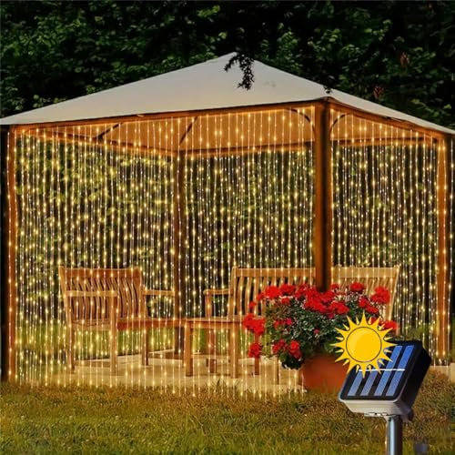 SULIVES Solar Powered Curtain Lights, 3M x 2M 200 LED High Brightness Curtain Lights, 8 Lighting Modes, Energy-Saving and IP65 Waterproof String Lights