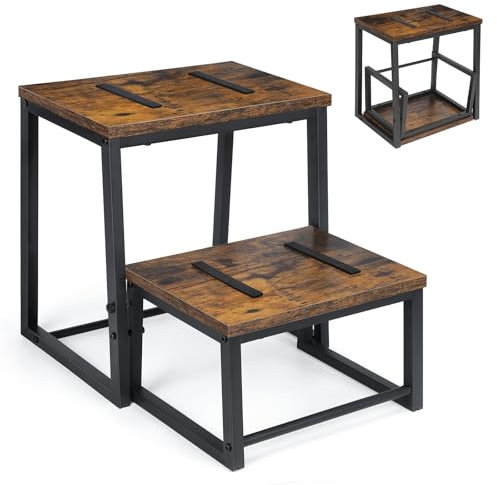 LIANTRAL Taburete de 2 Niveles para Adultos y niños, Marco de Metal Estable, Tabla de Madera, soporta hasta 160 kg, reposapiés, diseño Plegable 2 en 1, Color marrón Retro