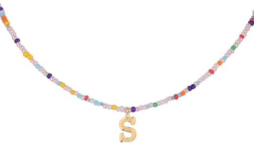 Mikovivi Bunte Perlenkette Halskette Initialen, Halskette Sommer für Frauen und Mädchen Halskette mit Buchstaben Anhänger böhmisch Perlenkette Handgefertigte Schmuckgeschenke für Teenager (S)