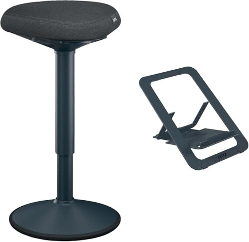 Leitz Ergo Set Active Stehhocker mit Dual Density Foam Komfortsitz + Ultra-Flacher Verstellbarer Aluminium Laptopständer für 10-17, Bürohocker höhenverstellbar von 57-82 cm, 65450089 + 63460089