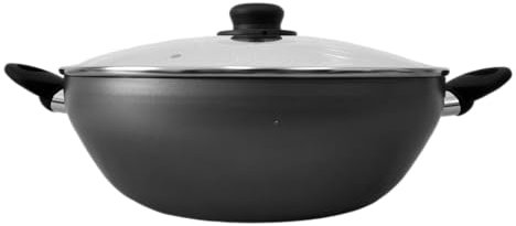 Home Theory Wok in alluminio, 32 cm, antiaderente, con coperchio, grande, per cucina asiatica e indiana, con doppio manico, non tossico, con coperchio, prodotto nel Regno Unito