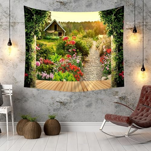 KnSam Wandbehang 240x220cm, Natur Landschaft Wandteppich Garten Blumen Wald Tapisserie Wandbehang Polyester Wandbehänge für Wohnheim Wanddeko, Grün Bunt
