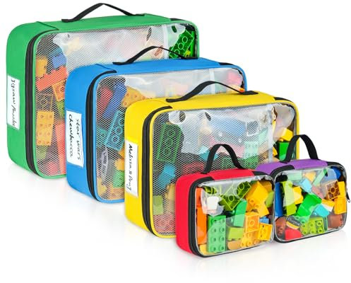 5er PVC Spielzeug Aufbewahrungstaschen kompatibel mit Legosteinen, Reisespielzeug-Organizer für Kinderbausteine, Spielzeugautos, Puzzles mit Netztasche und Etikettentasche