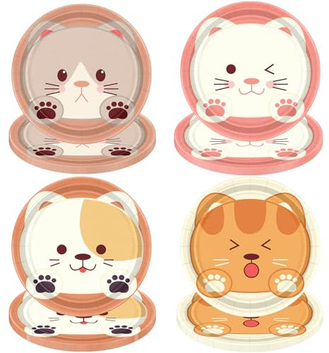 XJLANTTE 40 PCS Cat Birthday Plates Pet Party Decorations, 4 Colors Cat Paper Plates Birthday Party Plates for Kids Pet Cat Party Supplies Kitten Party Decorations, 9 Inch