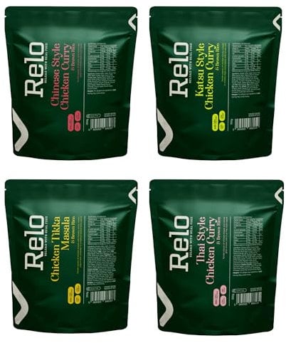 Relo Curry Meal Bundle | 4 x 350g Ready-to-Eat Survival Food Pouches | Global Flavours | Camping Food Pouches with High-Protein High-Fibre, Low-Fat, Low-Sugar, Low-Cal, Low-Carb, Keto-Friendly