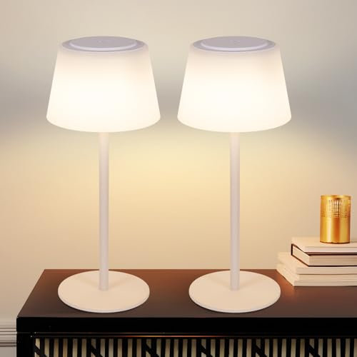 meoaow Tischlampe Kabellos Nachttischlampe Akku - LED Tischleuchte Touch Dimmbar Lampe 2er Set mit USB Aufladbar Weiß 3600mhA Batterie Tischlampen IP44 für Modern Wohnzimmer Schlafzimmer Outdoor