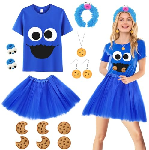 13 Stück Krümelmonster Kostüm für Damen, Kekse Monster Kostüm Set mit Monster T-Shirt Tüllrock Haarreif Cookie Halskette Ohrringe Kekse Aufkleber für Erwachsene Kinder Halloween Karneval Cosplay (XL)