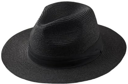 Mnjyihy Sombreros de verano para hombre, talla grande, sombrero de paja estilo fedora de paja para playa, Negro, XL 61-64cm