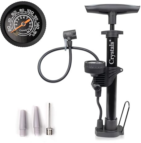 Crystals Bike Pump With Pressure Gauge 160Psi &11Bar– Foot Pump With Presta & Schrade Valve - Bike Floor Pump For Road Mountain Bikes, Sports Balls & Space Hooper, Black