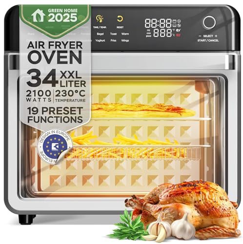 TurboTronic Multi-Smart-Ofen - 19in1 Heißluftofen & Heißluftfritteuse 2100W Power 34L bis 0,5 kg Pommes Mini-Backofen mit Dörrfunktion 40-230°C Grill Airfryer Dörrautomat