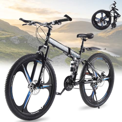 BSTSEL 24 26 27.5Inch Adult Folding Mountain Bike, Dual Suspension Mens Mountain Bikes with 3-Spoke Wheel, 21 Speed for Adults Mens and Womens Foldable Mountain Bicycle | Dual Suspension