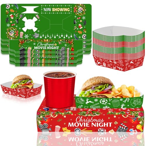 48 piezas de suministros para fiestas de cine de Navidad, 24 cajas de bandeja de aperitivos y 24 bandejas pequeñas de alimentos, bandejas desechables para aperitivos de noche de cine, soporte para