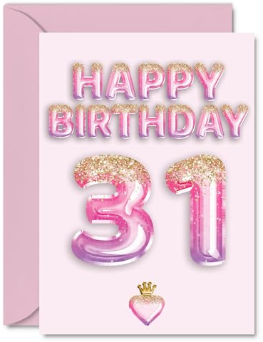 31st Birthday Cards for Women and Men, Pink & Purple Glitter Balloons | Happy Birthday Card for 31 Year Old Man Woman Colleague Wife Friend Sister, A5 Bday Greeting Cards