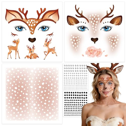 DPKOW 6 Stk Karneval Gesichtstattoos Reh Kostüm Damen Mädchen Accessoires, Gefleckte Temporäre Tattoos Glitzersteine Gesicht Schminke Reh Faschingskostüme Damen Accessoires Karneval Rehkostüm Dame