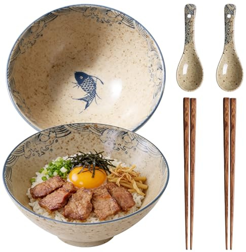 Ramen Lot de 2 bols à ramen en céramique de 1200 ml avec baguettes et cuillères, grand bol à soupe et saladier, set pour ramen, pho, udon, passe au micro-ondes et au lave-vaisselle