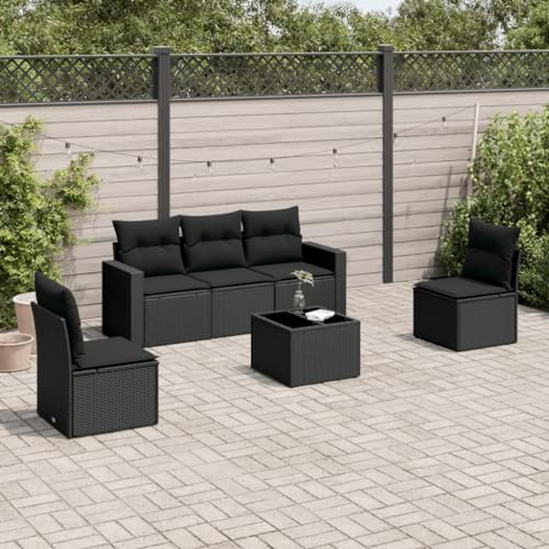 SooIarix 6-Piece Outdoor Sofa Set with Cushions, Black Poly Rattan, Weatherproof Patio Furniture with Storage, Tempered Glass Tabletop, UV-Resistant