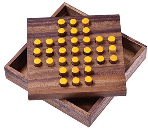 Solitär Gr. L - Solitaire - Steckspiel - Denkspiel - Knobelspiel - Geduldspiel - Logikspiel aus Holz - gelbe Stecker