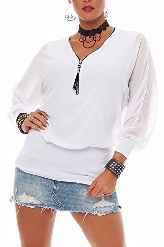Malito Damen Bluse im Fledermaus Look | Tunika mit Zipper | Kurzarm Blusenshirt mit breitem Bund | Elegant - Shirt 6297 (weiß)
