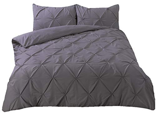 Highams Diamond Pintuck Duvet Cover with Pillow Case Luxury Pinch Pleat Bedding Set, Charcoal Grey - Double