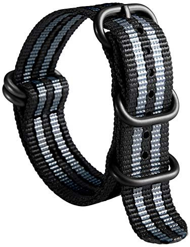 BINLUN Uhrenarmband Nylon Dickes G10 Premium Ballistic Ersatz Armband Mehrfarbige Bänder für Herren Damen mit Heavy Duty 5 Ringe(20mm, Schwarz-Graue Band Schwarze Schnalle)