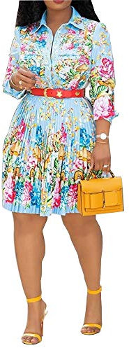VERWIN Lapel Three-Quarter Sleeve Knee Length Pleated Floral Women's Sheath Dress M Sky Blue