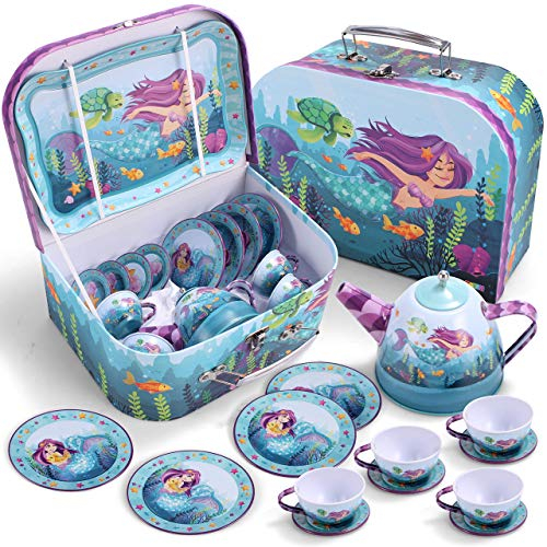 Lindo juego de tetera de hojalata de sirena bajo el mar para fiestas de té y juegos de cocina para niños