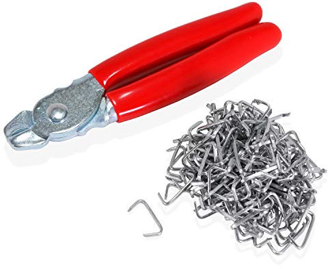 Tamwell Hog Ring Pliers with 200 Galvanized Hog Rings - Straight Spring-Loaded Pliers Kit for Upholstery, Fence, Bungee Cord, Sausage and Meat Casings
