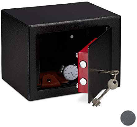 1 x Möbeltresor mit Schlüssel, Doppelbartschloss, Befestigung Wand oder Boden, Minisafe, HxBxT: 17 x 23 x 17, schwarz