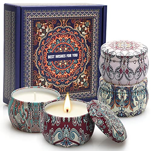 Scented Candles Set Gift for Her 4 Pack 4.4 Oz Natural Soy Wax Rose Sandalwood Candles with Essential Oil for Home Fragrance Aromatherapy Gifts for Women Mum Friends Birthday Mother's Day Presents