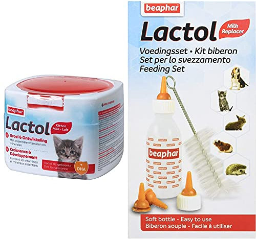Beaphar - LACTOL - Lait maternisé pour Chaton en Poudre - Enrichi en DHA - Source de protéines - 250 g & LACTOL – Pack biberon et tétines + Brosse à Nettoyer pour Nourrir Les Nouveau-nés/Animaux