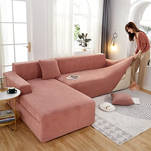 ABUKJM Couchbezug eckcouch, Stretch Universal Jacquard Samt Couch überzug l Form, Weicher und bequemer sofabezug für Wohnzimmer Sofa, Geeignet für die meisten Sofas,Pink,4 Seater 235-300cm
