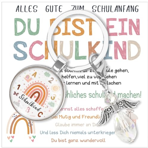 Einschulung Mädchen Geschenk, Schutzengel Schultüte Schlüsselanhänger, Weiß Schulkind Schultüte Füllung, Schulanfang Glücksbringer Geschenke, 2024 Erster Schultag Mutmacher plus Grußkarte Geschenkbox