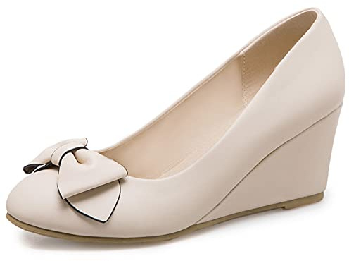 Escarpins Habillés Femme, Escarpins Compensées Mignonne Chaussures de Fête Talons Moyen Bout Rond Bowknot Beige Taille 39 EU