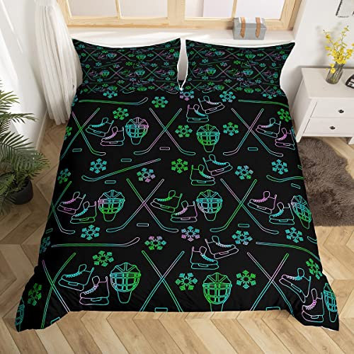Sports Hockey Ball Decor Housse de Couette Vert Fluo Rose Casque Patins Skate Parure de Lit 220x240cm Garçons Snowflake Parure Housse de Couette Sports Jeux avec 2 taies d'oreiller 3 pièces