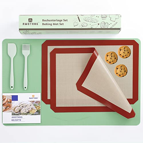 Amotang Backunterlage Set aus Silikon, 60 x 40 cm, 2 Stück Antihafte Backmatten, Rutschfeste Teigunterlage mit Messung für Fondant Pizza Macarons Brot, Ausrollmatte XL, Tischmatte