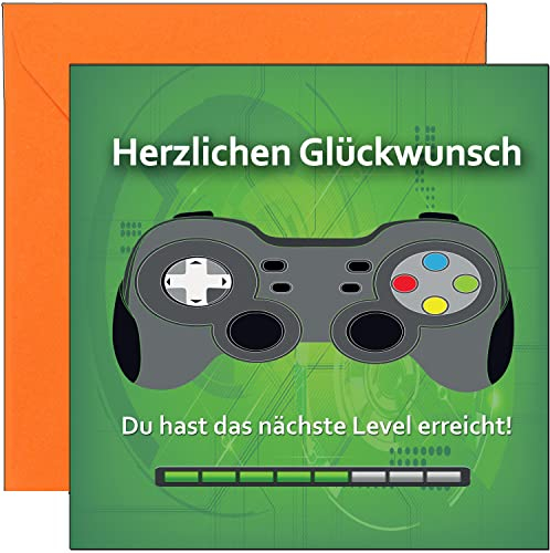 KARTEN 24 VERSAND Lustige Geburtstagskarte Game Junge Gamer Gaming Zocker zocken lustig Glückwunschkarte Geburtstag Jungs Retro Boy Karte Controller Computer 15 16 12 Level up Jungen (GreenSpace)
