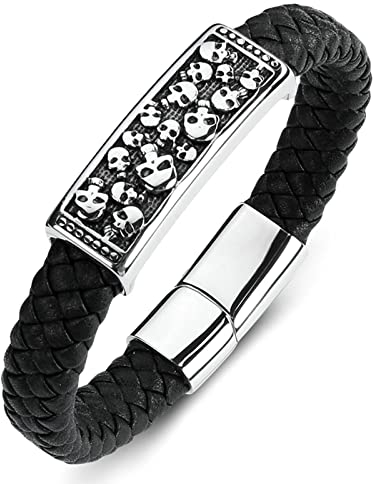 Dsnyu Armbänder Herren Rock, Schwarz Bettelarmband Herren mit Magnet Verschluss, 16.5CM Schädel Armbänder Totenkopf Party Schmuck