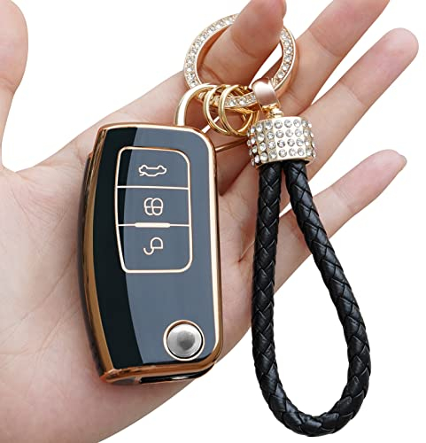Yumzeco Silicone TPU Autoschlüssel Hülle Cover, 3 Tasten Autoschlüssel Cover Kompatibel mit Ford Fiesta Mondeo Galaxy Fusion Focus Kuga, Auto Keyless Smartkey Schutzhülle mit Schlüsselbund(Schwarz)