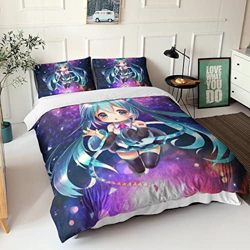 CPSUN Hatsune Miku Bettwäsche 3 Teilig Bettwäsche Set Mit Reißverschluss Bettbezug Und Kissenbezug Für Erwachsene Teenager Kinder Double(200x200cm)